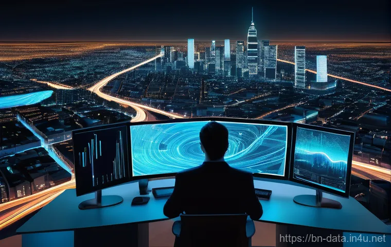 데이터사이언스와 데이터 스토리텔링 - **Prompt:** A dynamic, top-down view of a bustling, futuristic city where translucent, glowing data ...