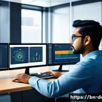 Home 21 데이터사이언스에서 전이 학습 - A detailed illustration of a Bengali data scientist working in a modern tech lab, surrounded by mult...