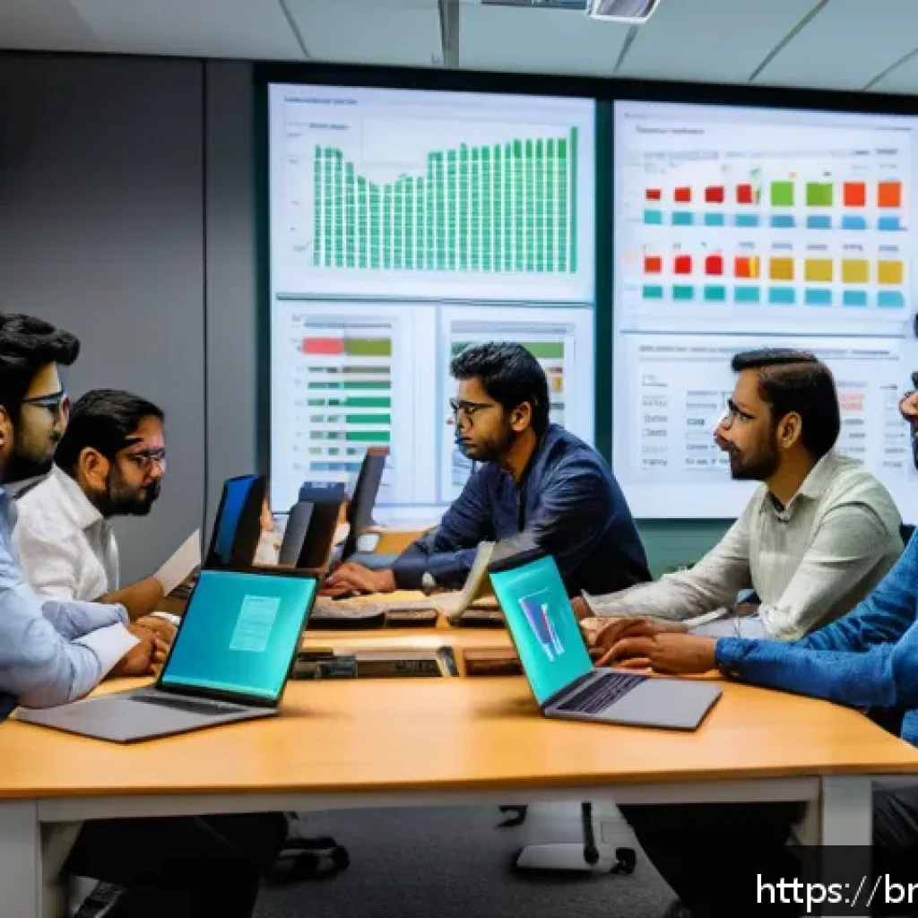 데이터사이언스에서 모델 평가 - A detailed, modern office setting with a diverse group of Bengali data scientists collaboratively an...