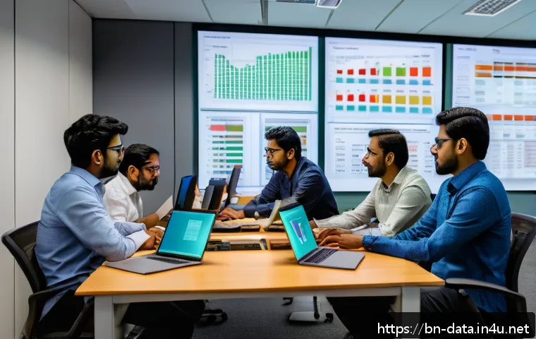 데이터사이언스에서 모델 평가 - A detailed, modern office setting with a diverse group of Bengali data scientists collaboratively an...