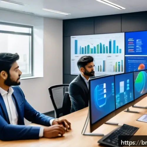 Home 17 데이터사이언스와 통계학 - A modern office environment with diverse professionals collaborating on data analysis using multiple...